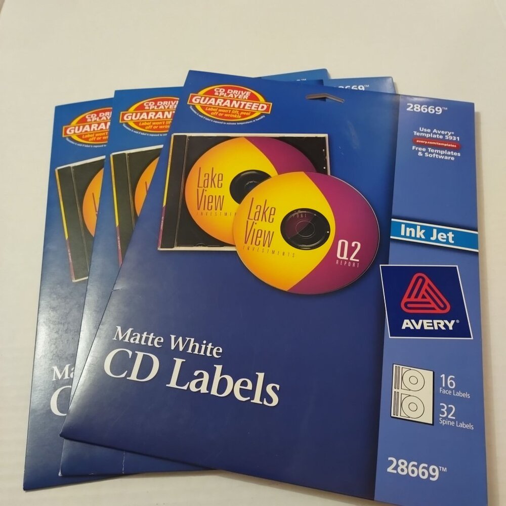 Avery Matte CD‎ Labels 28669 lot of 3 sealed open box ink jet 16 face 32 spine
